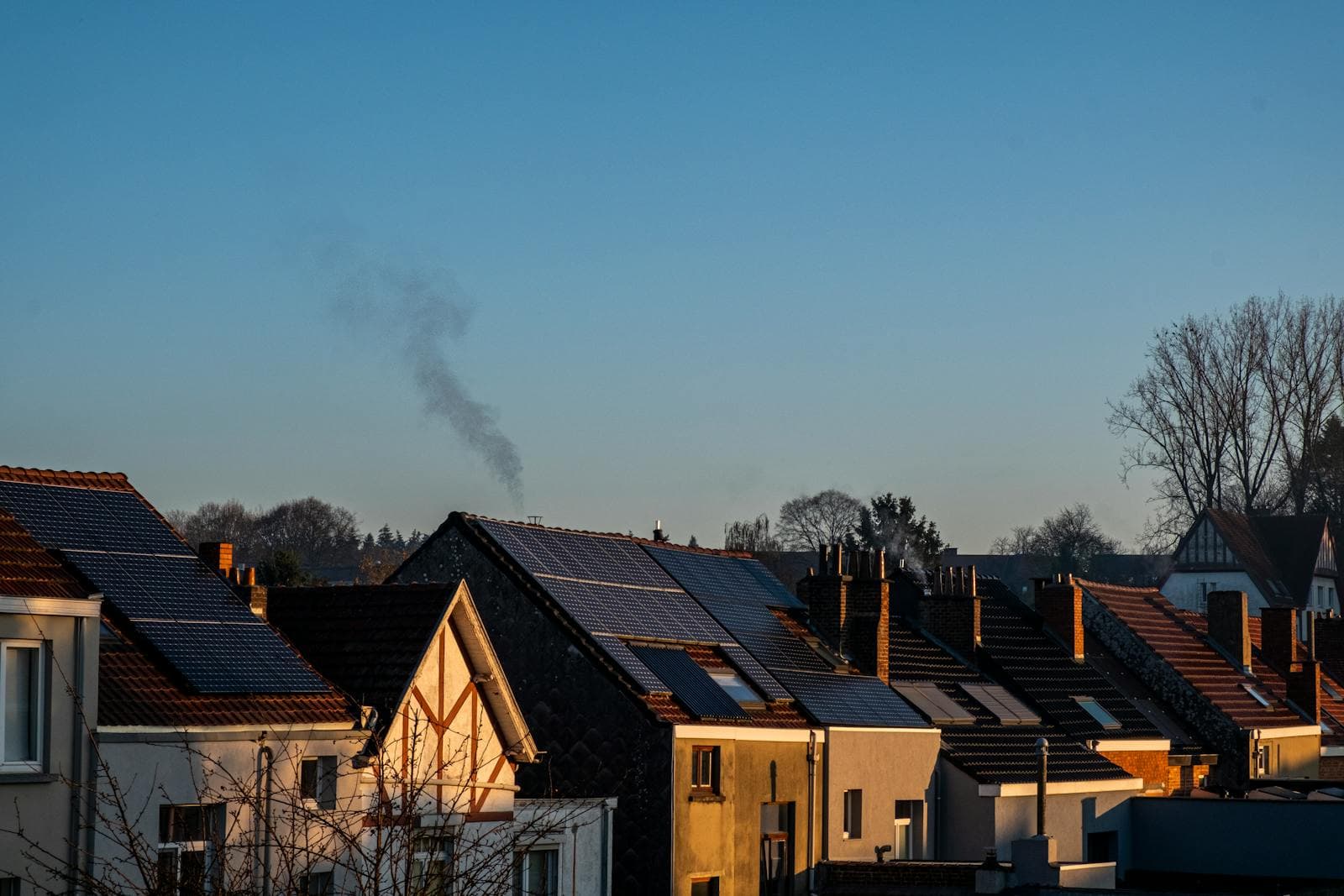 Et kvarter med solceller på tagene i aftensol