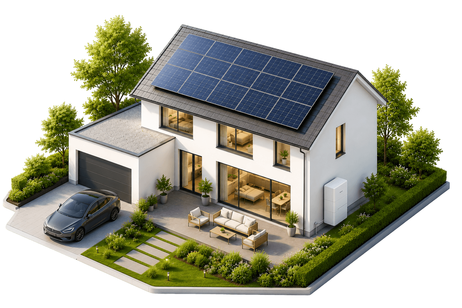 Hus med solceller, batteri og en elbil til opladning